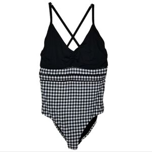 Seafolly Womens One Piece Swimsuit Size 16 Black White Checks Cutouts Underwire